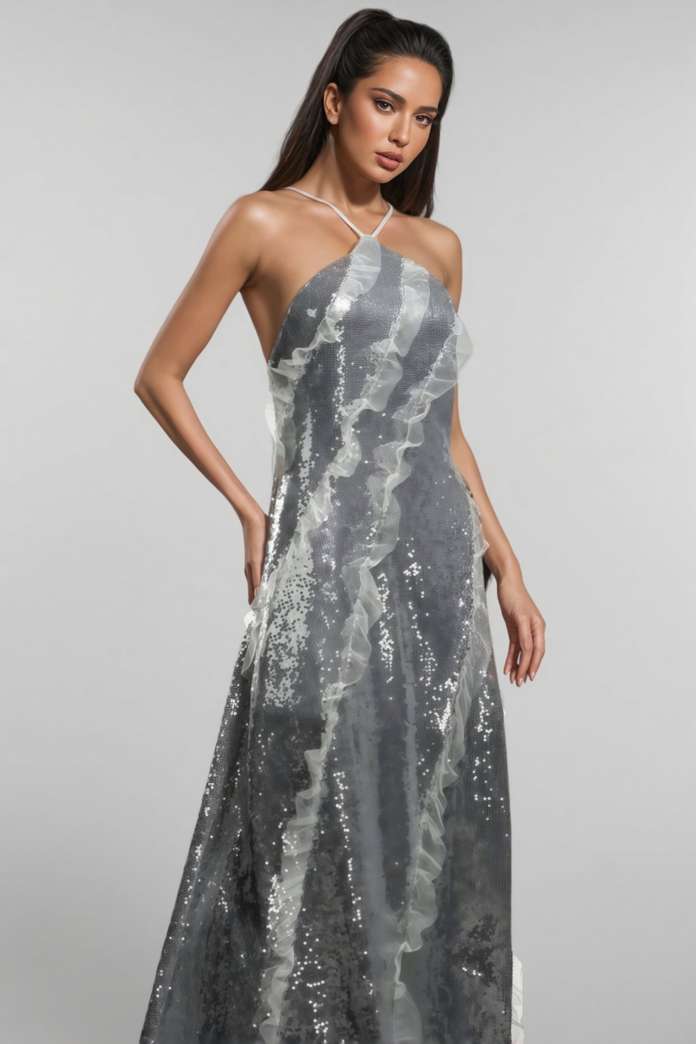 Coler Halter Sequins Ruffled Maxi Dress