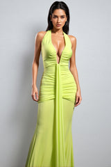Malvina Halter V Neck Wrinkles Green Maxi Dress