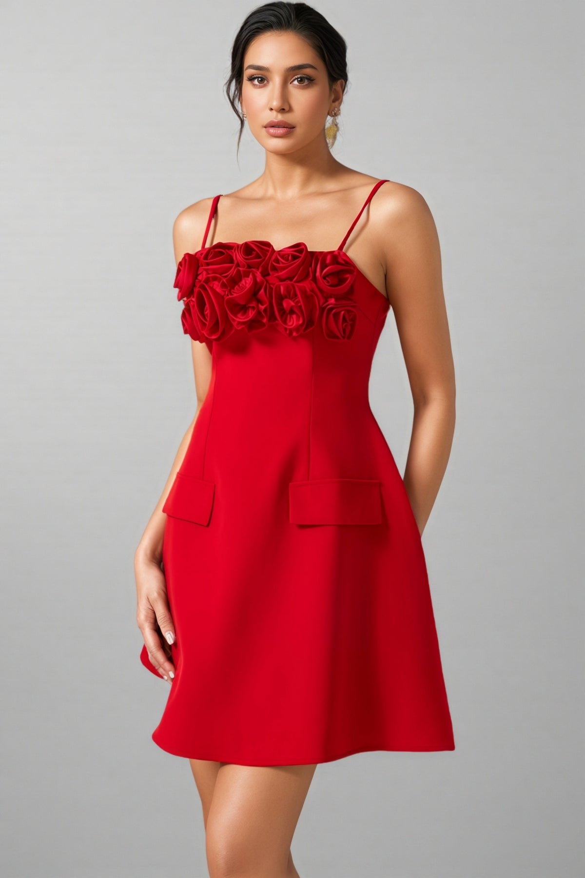 Thisbe 3D Flower Solid Square Neck Mini Dress