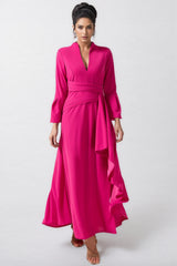 Indra Solid Pleated Split Midi Dress