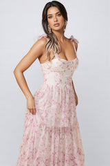 Lindand Floral Lace Up Ruffle Maxi Dress