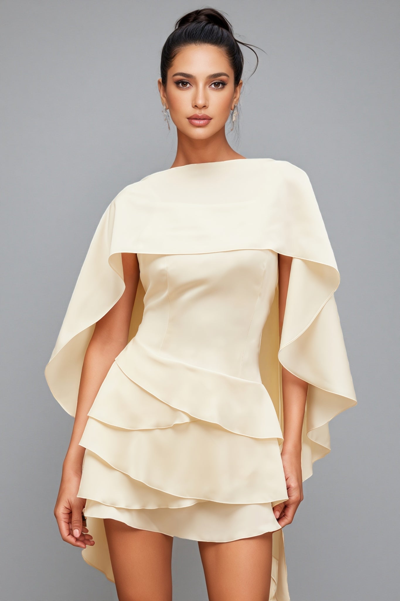 Lyssty White Shawl Panel Ruffled Satin Mini Dress