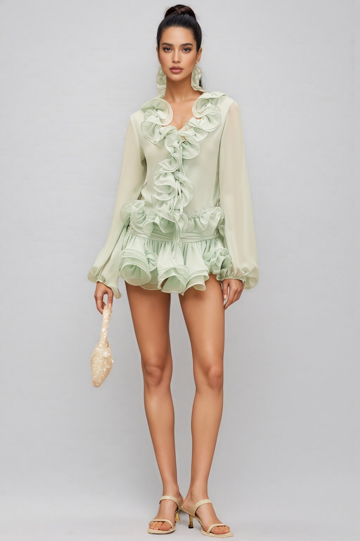 Salamo Ruffle Floral Trim Cardigan Mini Dress Set