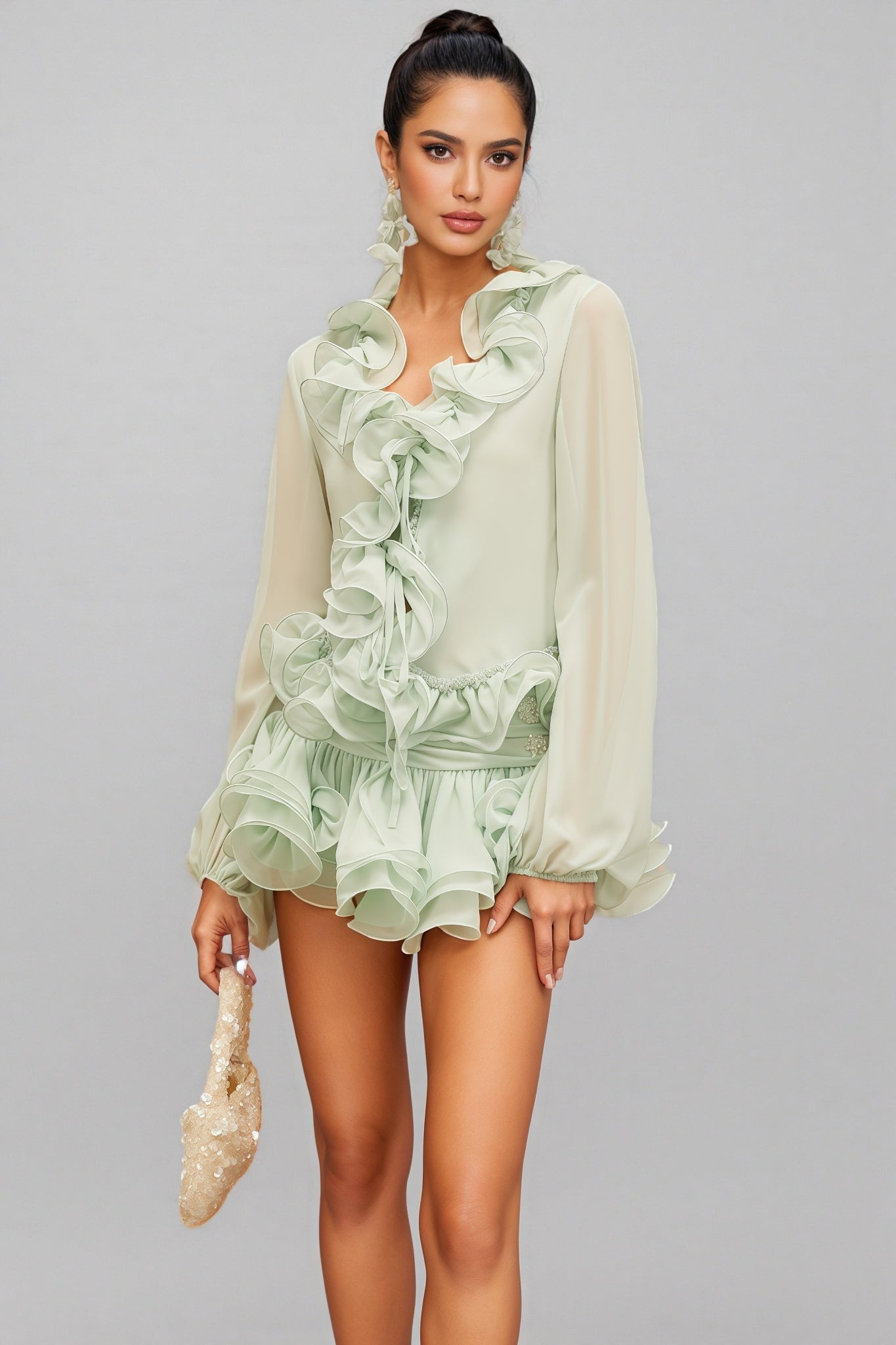 Salamo Ruffle Floral Trim Cardigan Mini Dress Set