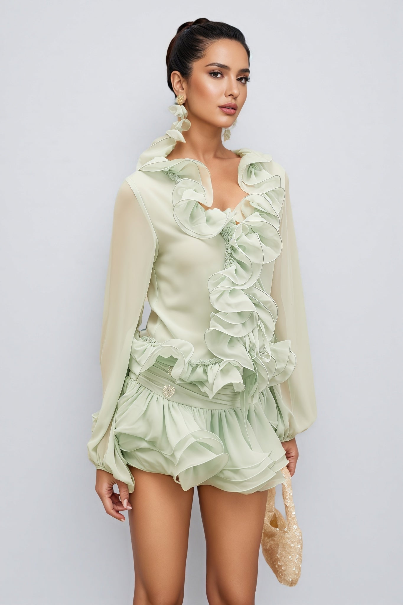 Salamo Ruffle Floral Trim Cardigan Mini Dress Set