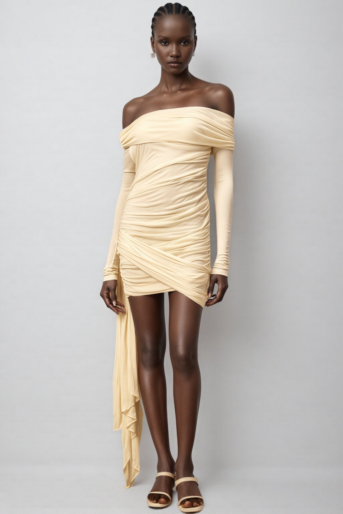 Sarayi White Ribbon Design Ruched Mini Dress