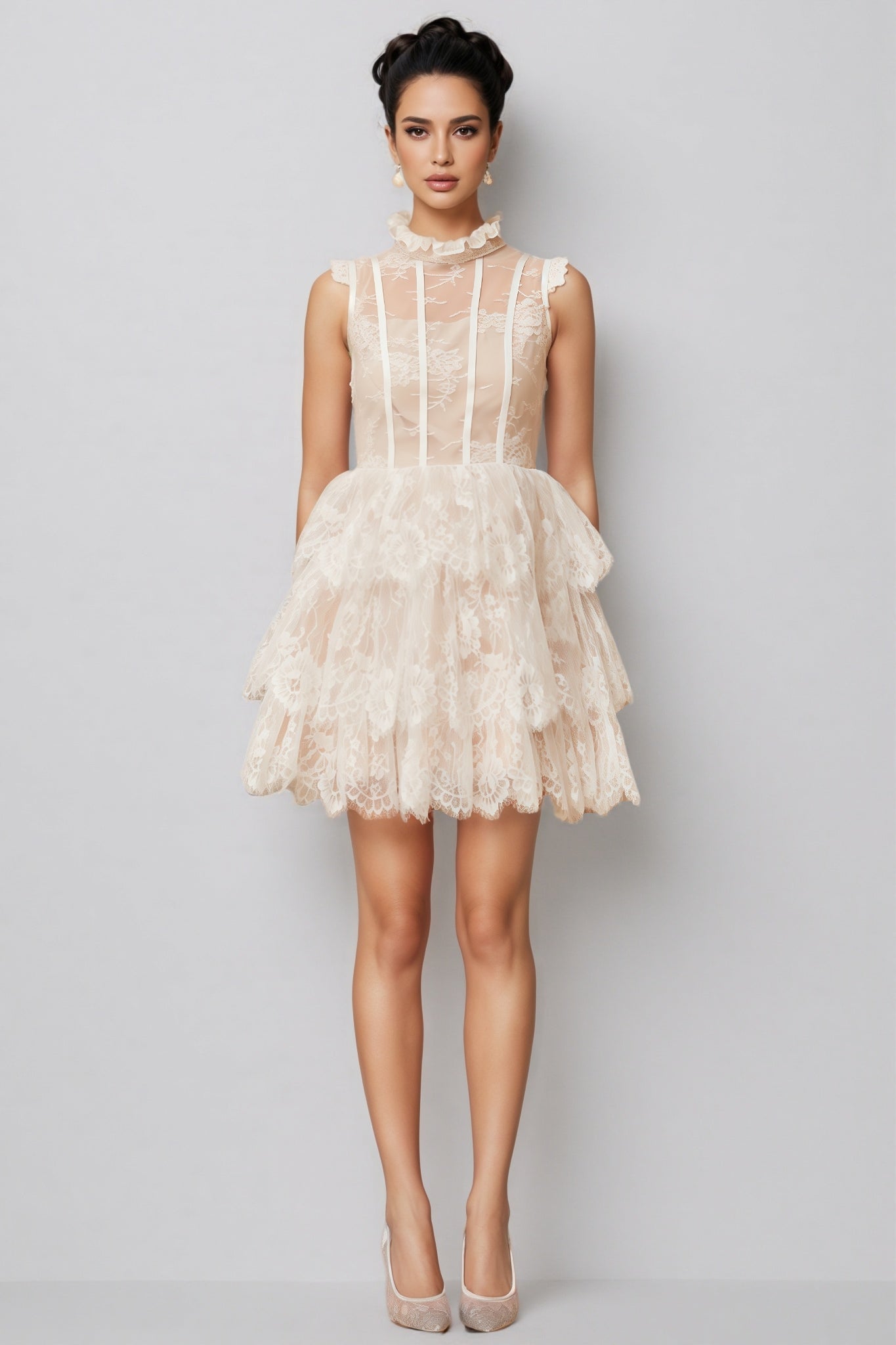 Yamaly White Floral Lace Tiered Mini Dress