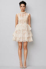 Yamaly White Floral Lace Tiered Mini Dress