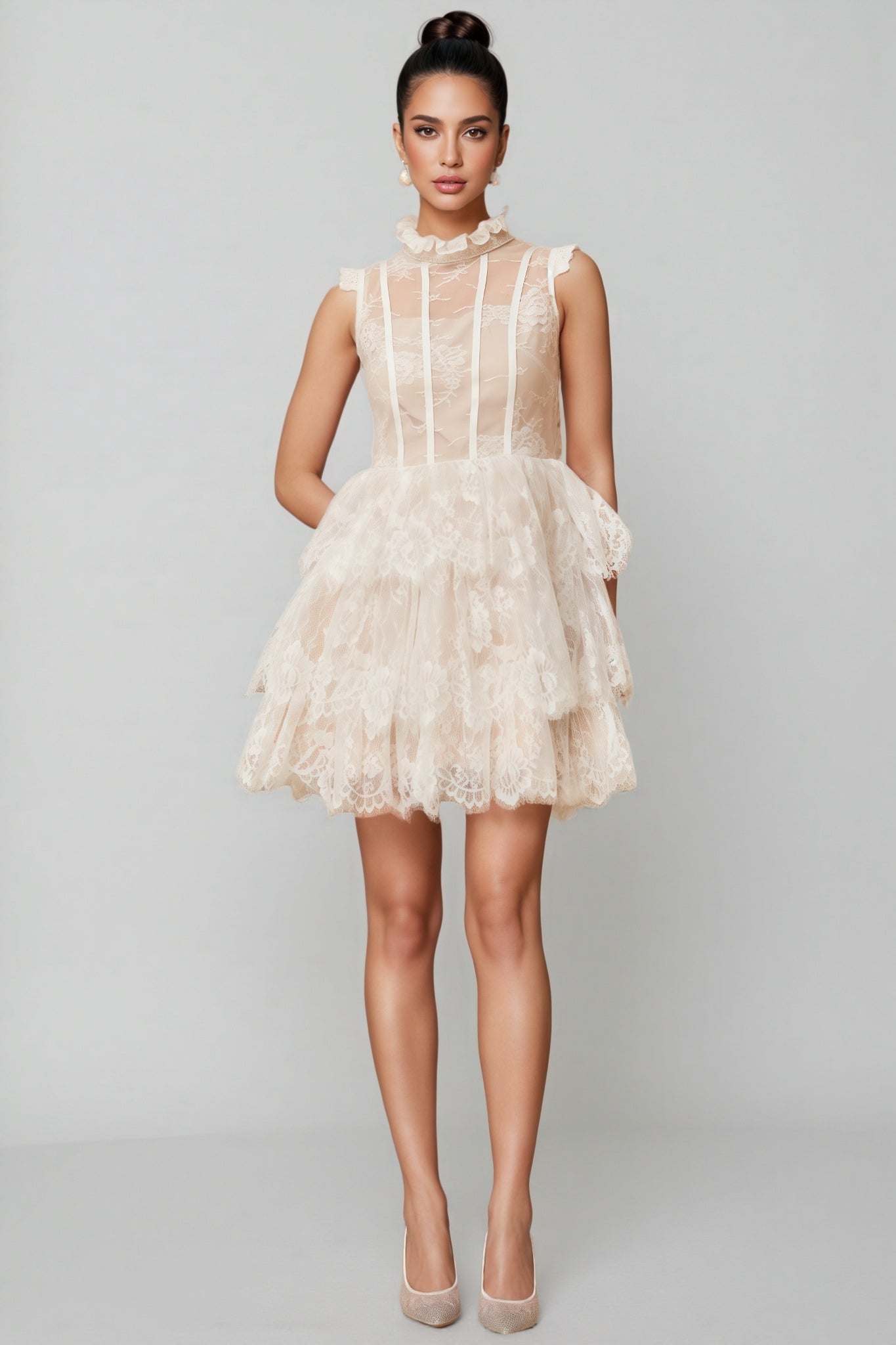Yamaly White Floral Lace Tiered Mini Dress