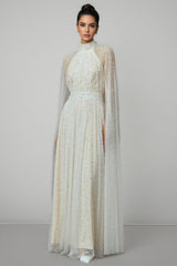 Xyvia Pearl Stand-up Collar Cap Sleeve Maxi Dress