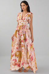 Rosel Ruffle V-Neck Split Maxi Dress