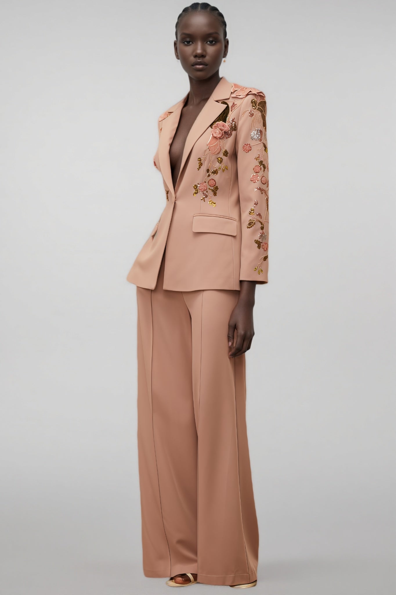 Annabelle Dusty Pink Sequined Floral Blazer Trousers Set