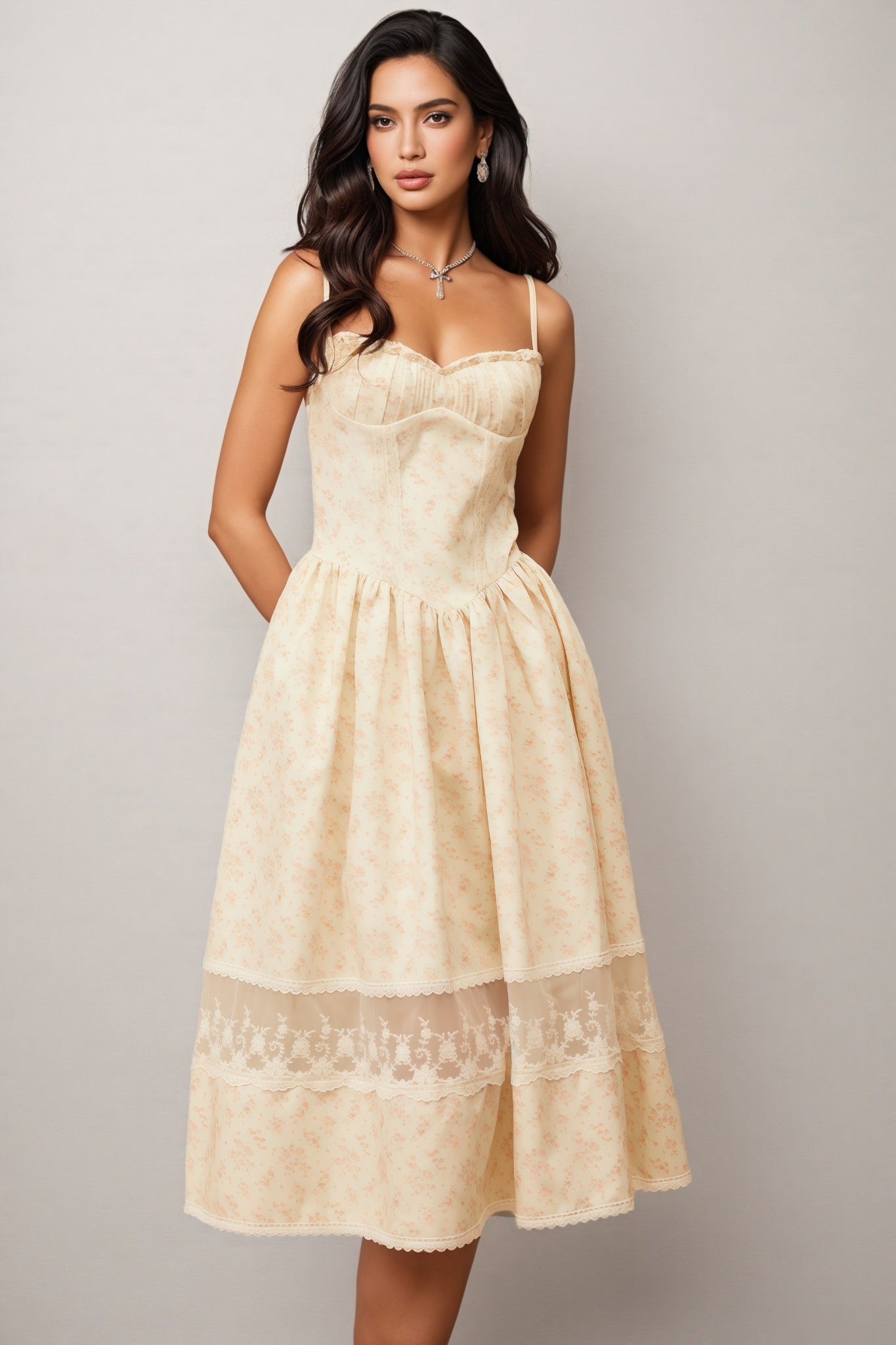 Adrienne Neutral Lace Trim Floral Midi Dress