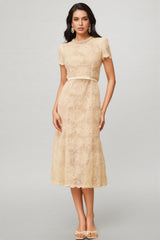 Aurore White Embellished Floral Lace Midi Dress