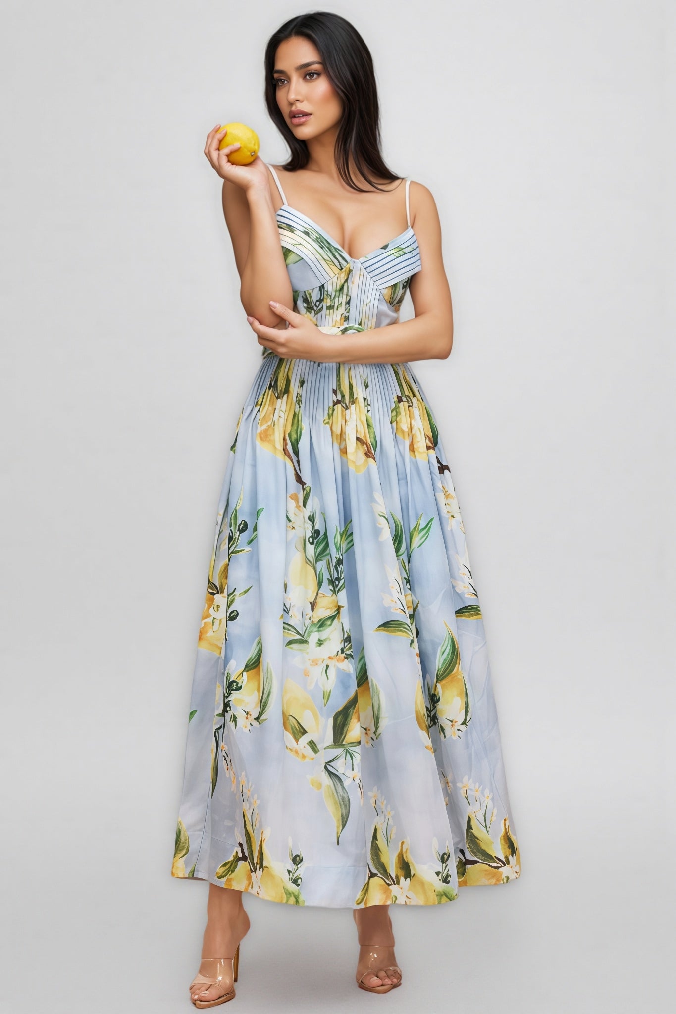 Paca Lemon Print Spaghetti Strap Maxi Dress