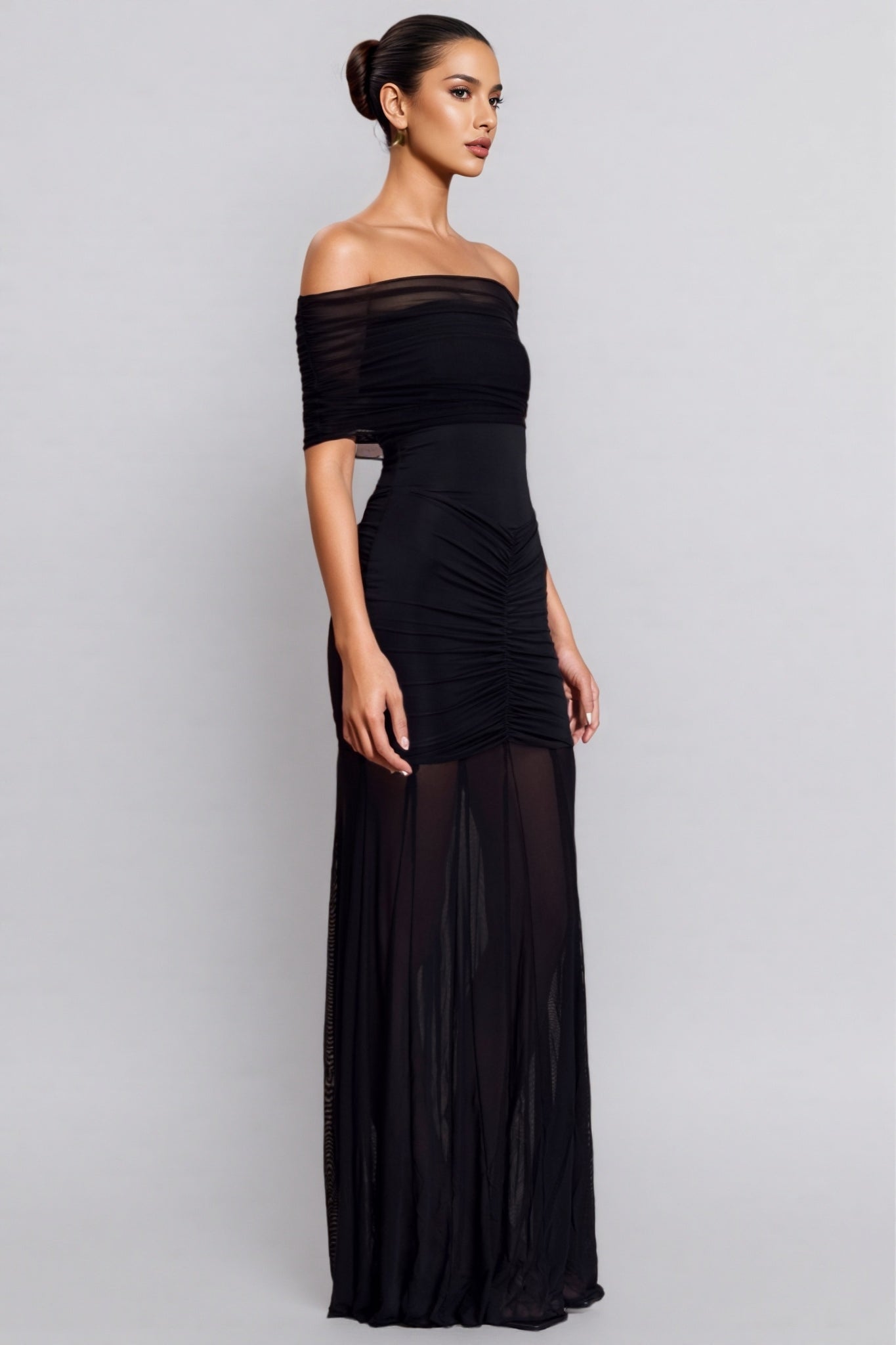 Nivenae Slinky And Mesh Off Shoulder Maxi Dress