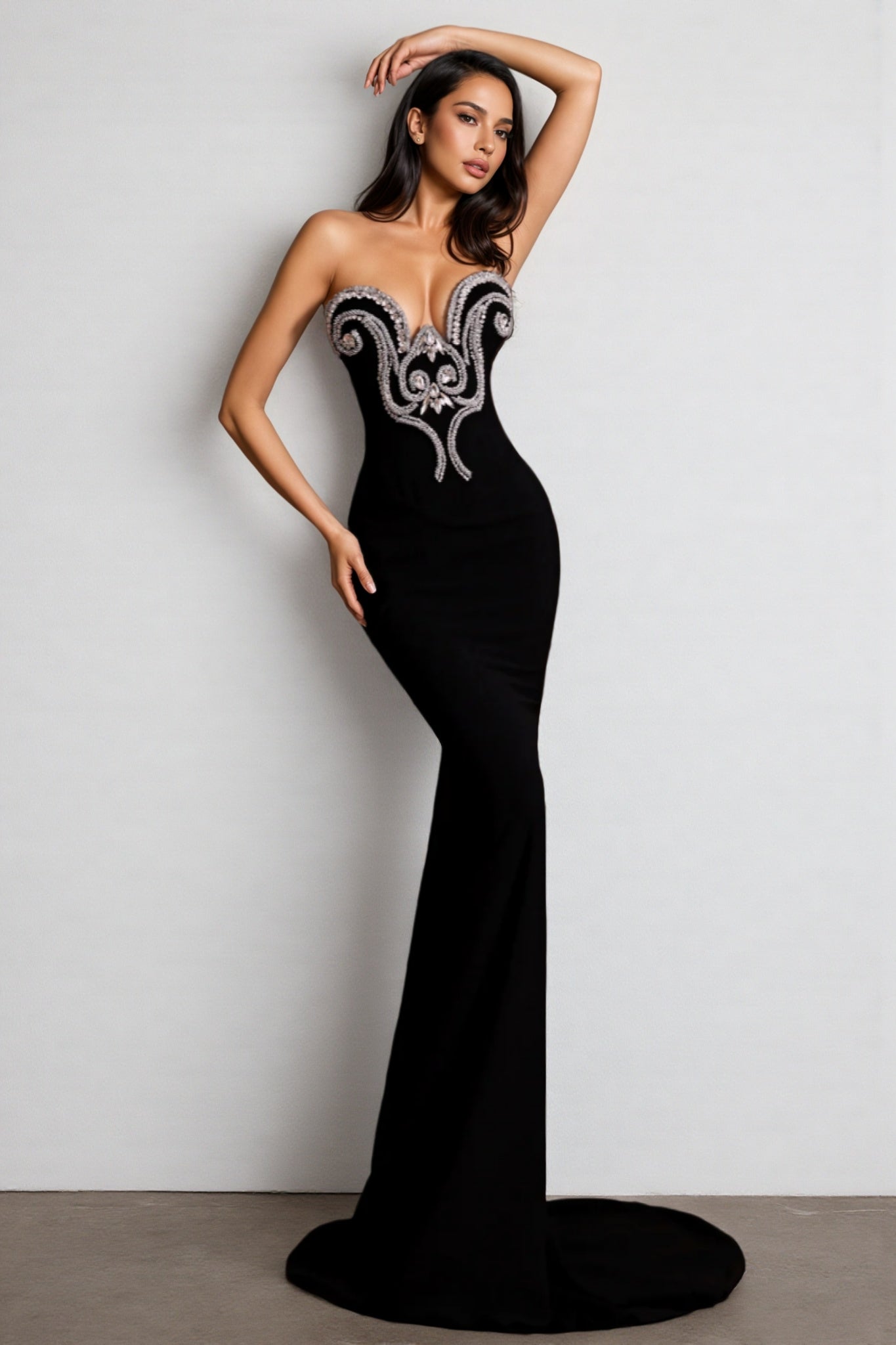 Vedat Black Diamond-Studded Bandage Maxi Dress