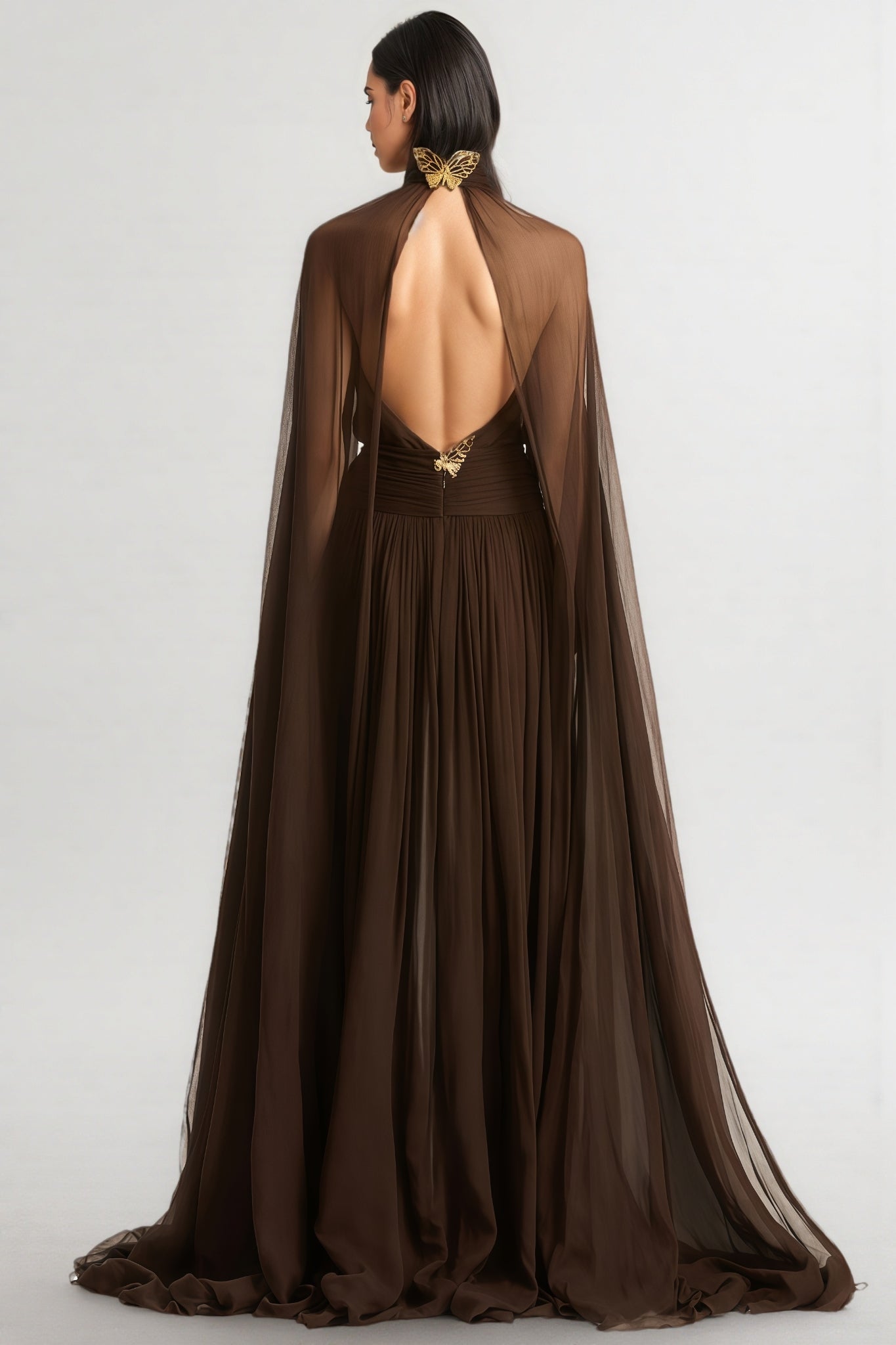 Hiram Mesh High-Neck Bow Maxi Dress