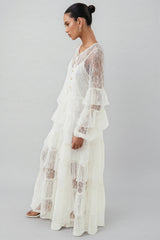 Wintk White Round Neck Lace Maxi Dress