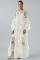 Wintk White Round Neck Lace Maxi Dress