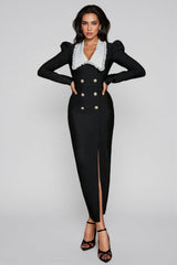 Vori Black Long Sleeve White Lapel Maxi Dress