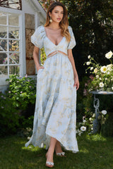 Wrenna Blue Printed V-Neck Maxi Dress