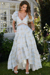 Wrenna Blue Printed V-Neck Maxi Dress