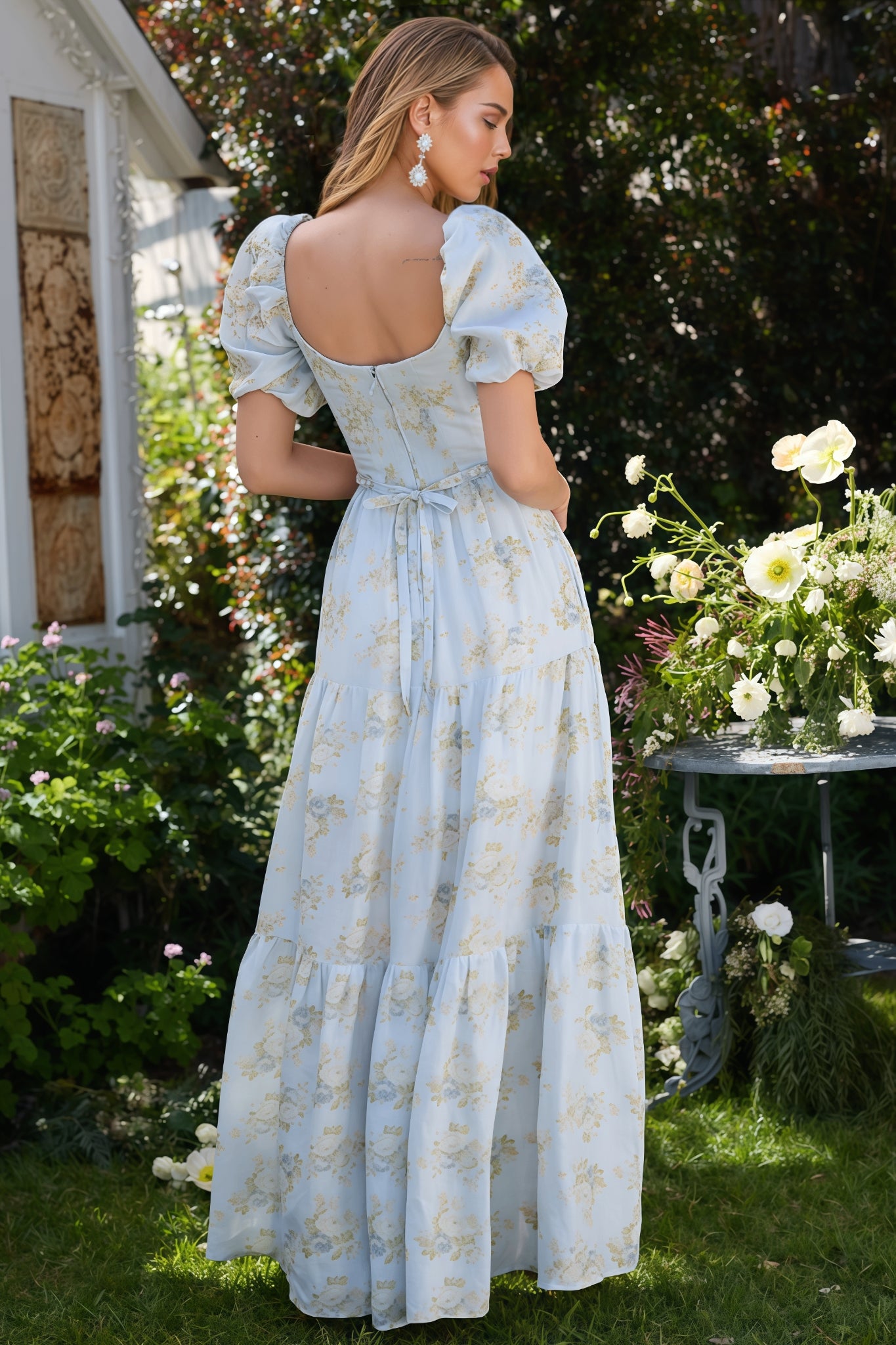 Wrenna Blue Printed V-Neck Maxi Dress