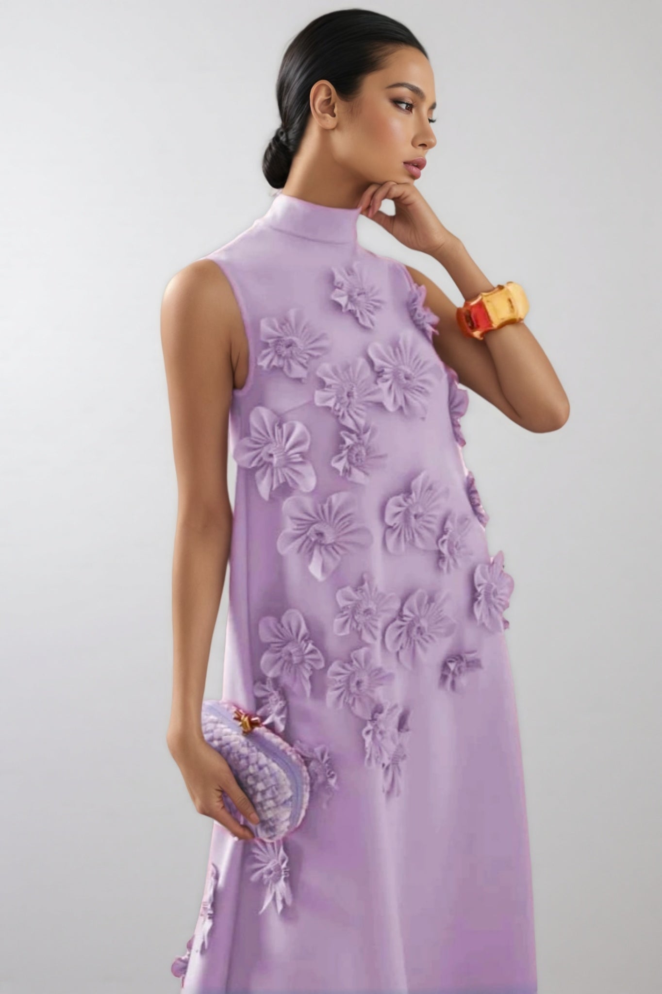 Celina 3D Floral High Neck Sleeveless Maxi Dress-Purple