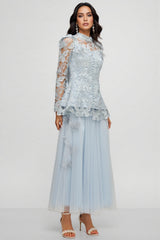 Hurof Folds Lace Butterfly Top Dress Two-Piece Set