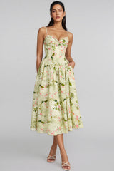 Raleign Green Floral Print Ruched Midi Dress