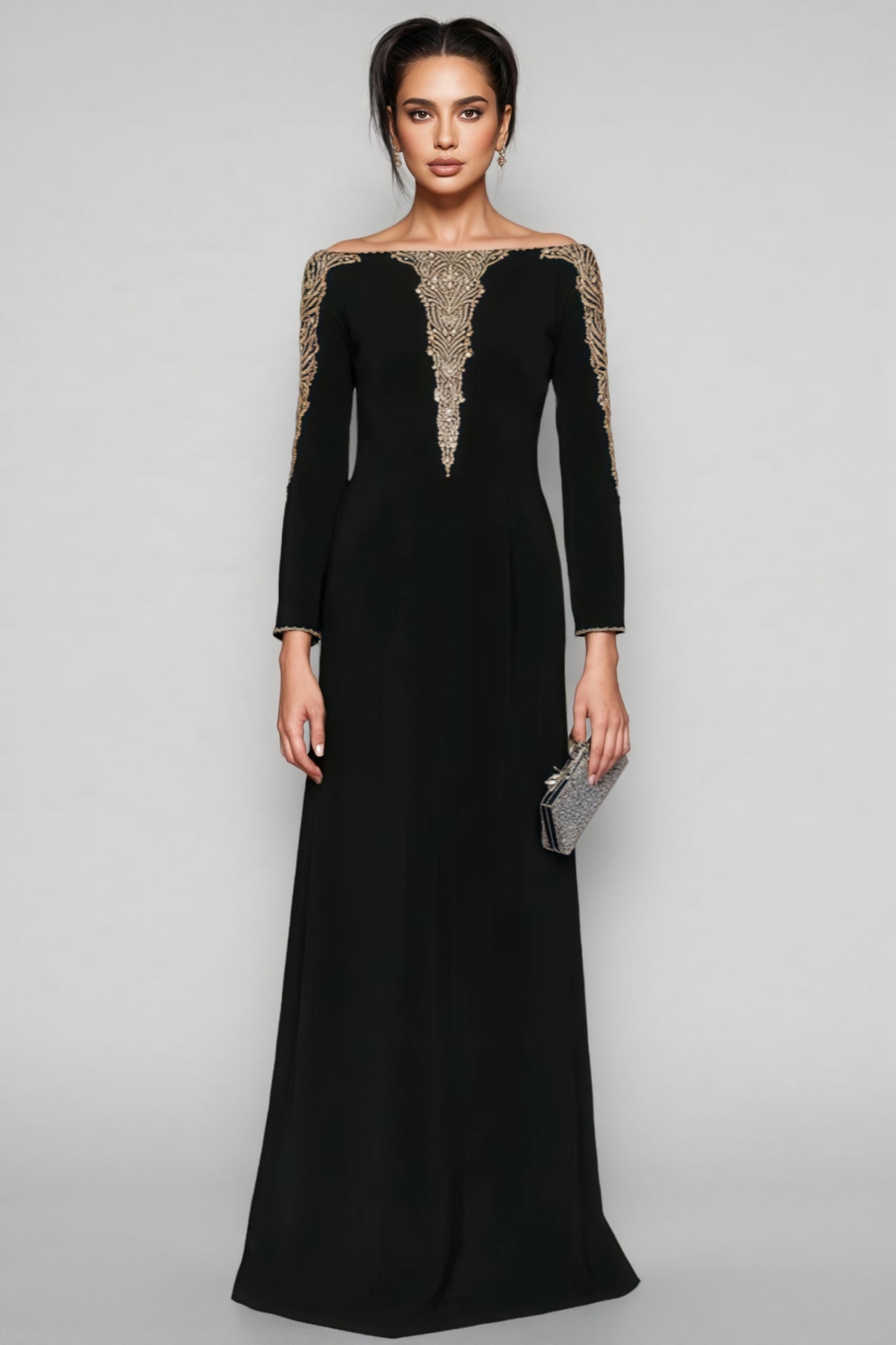Iontk Black Beaded Diamond Mesh Maxi Dress