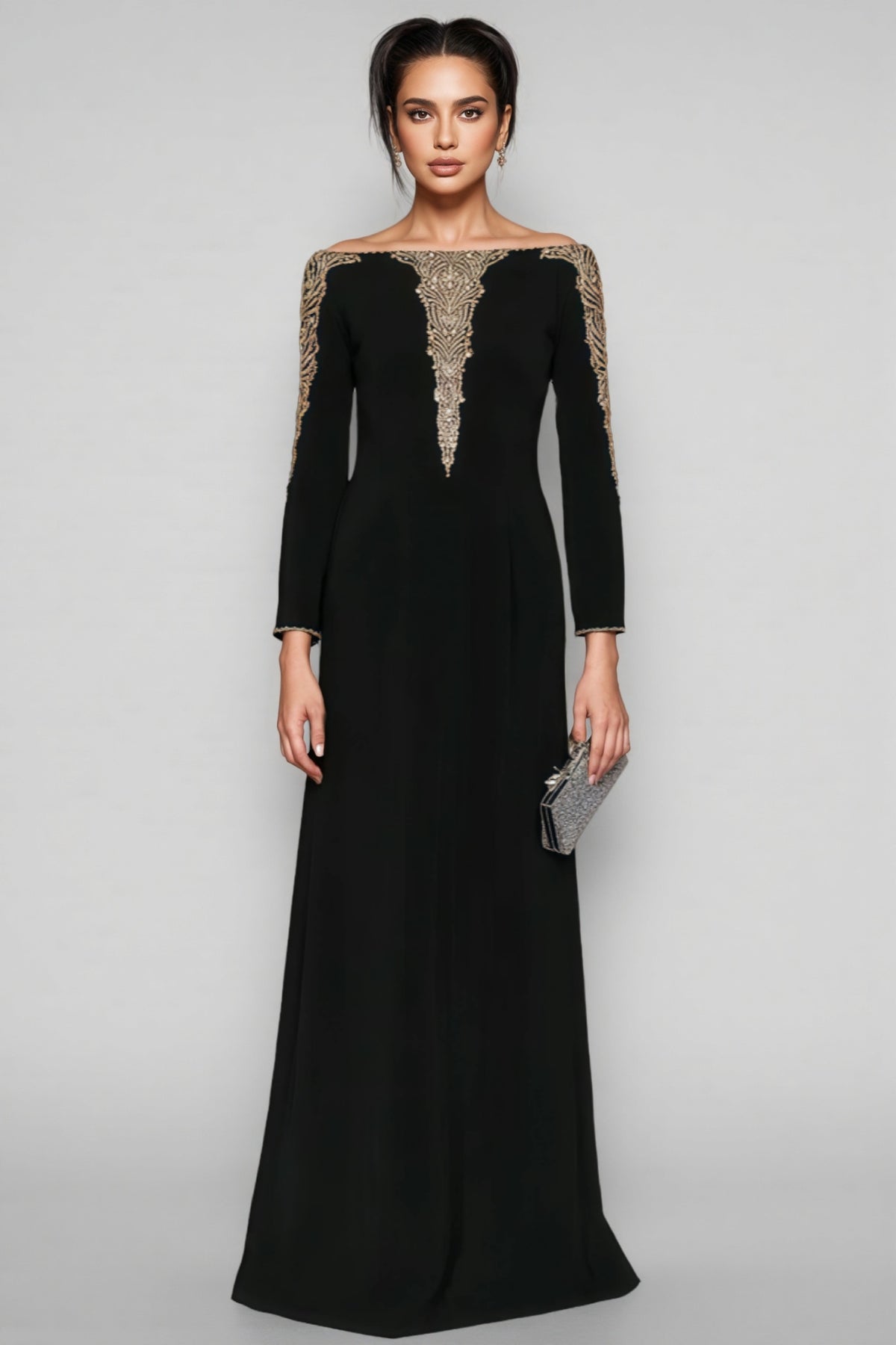 Iontk Black Beaded Diamond Mesh Maxi Dress