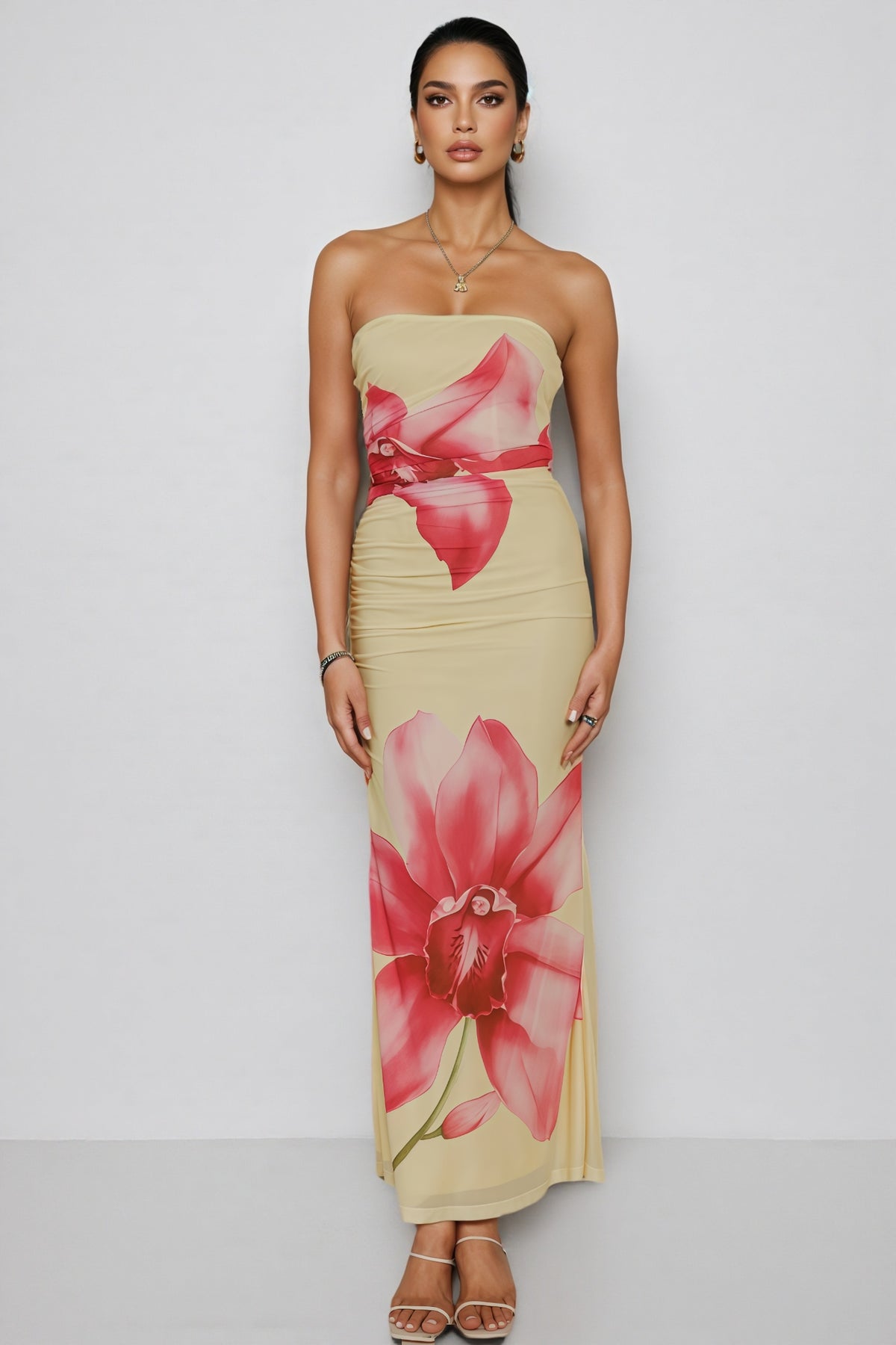 Austen Strapless Yellow Printed Maxi Dress