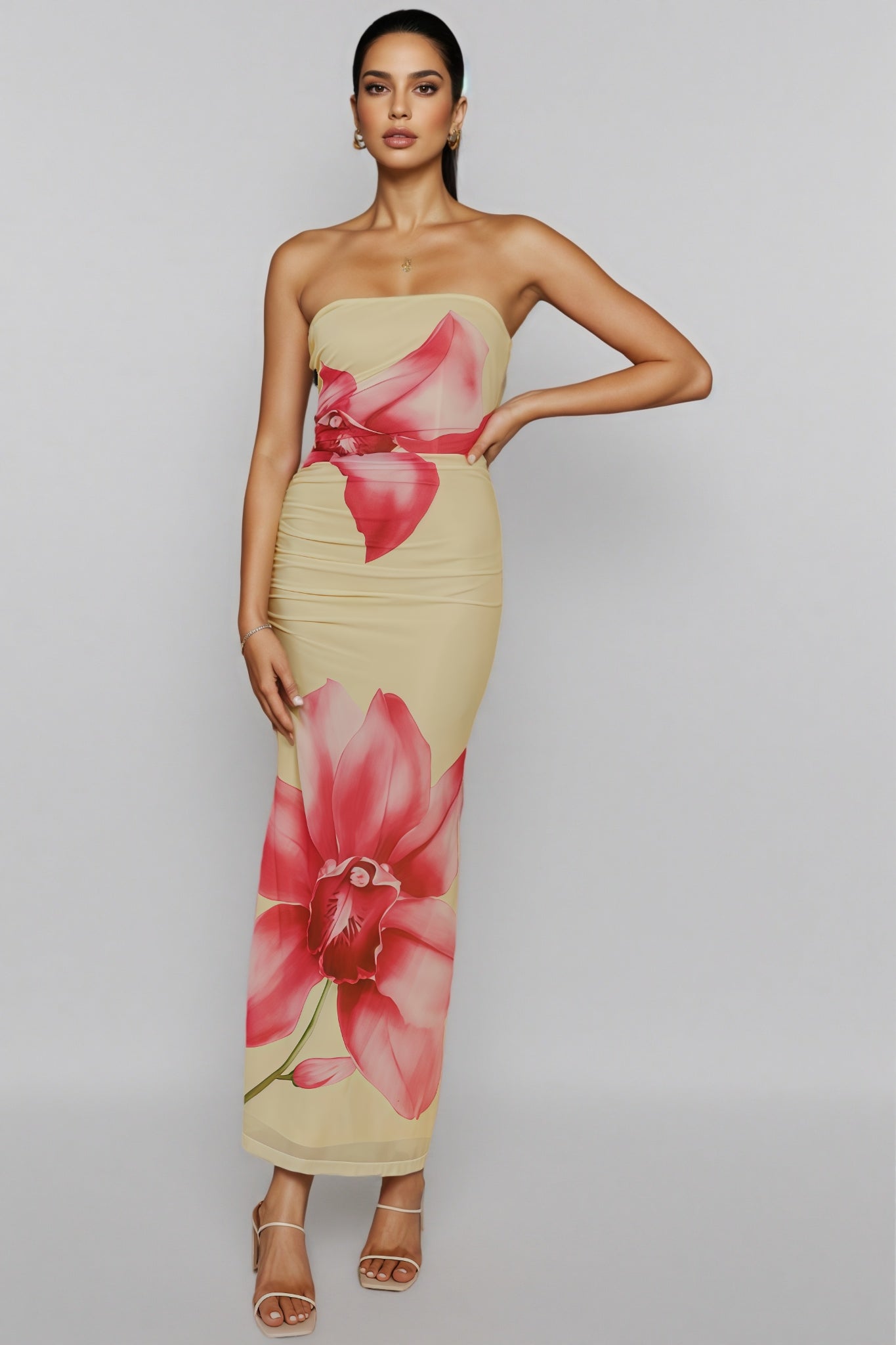 Austen Strapless Yellow Printed Maxi Dress