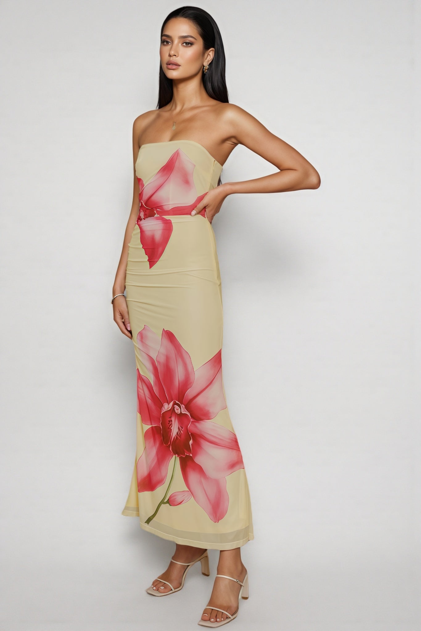 Austen Strapless Yellow Printed Maxi Dress