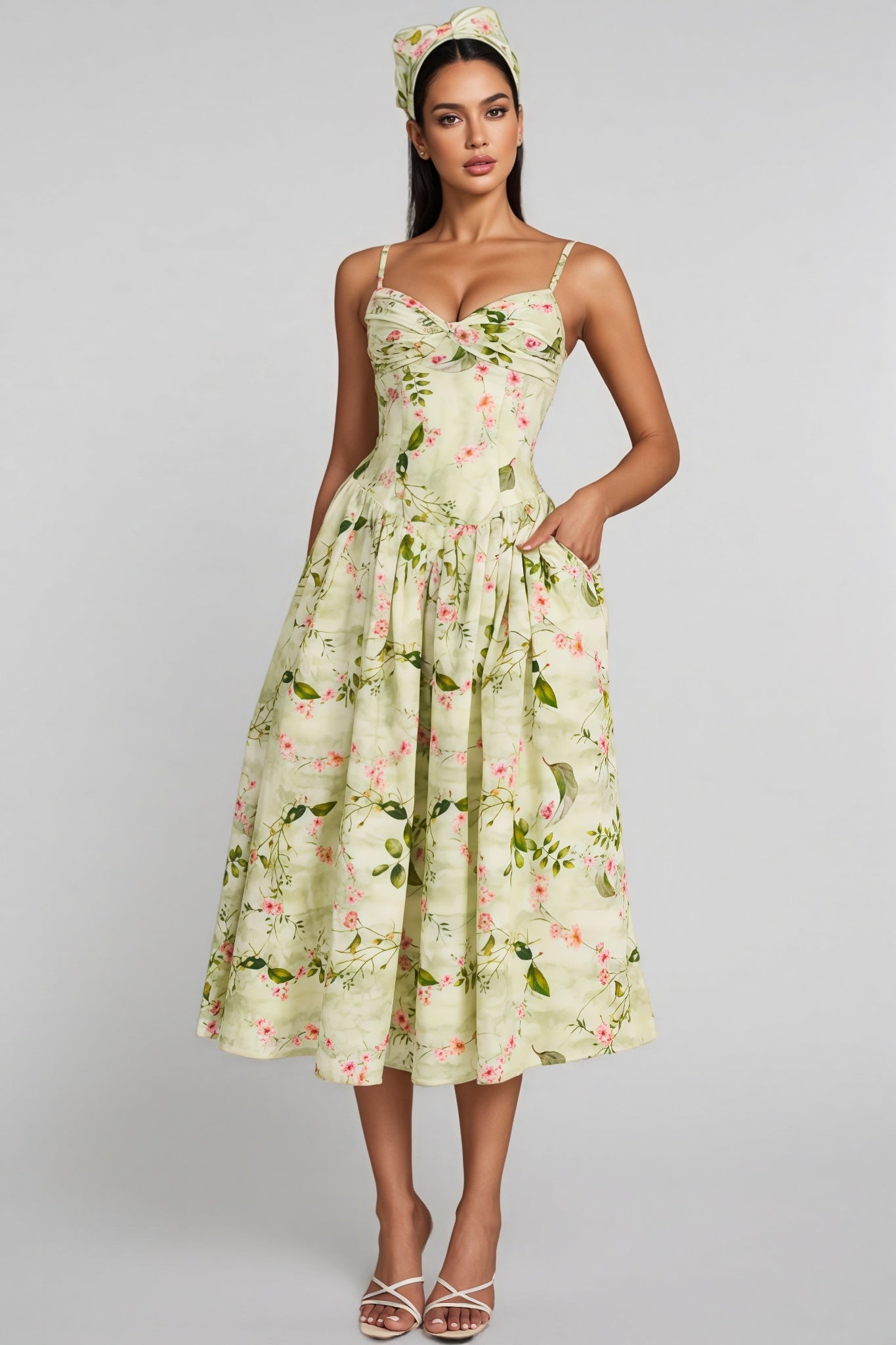 Raleign Green Floral Print Ruched Midi Dress
