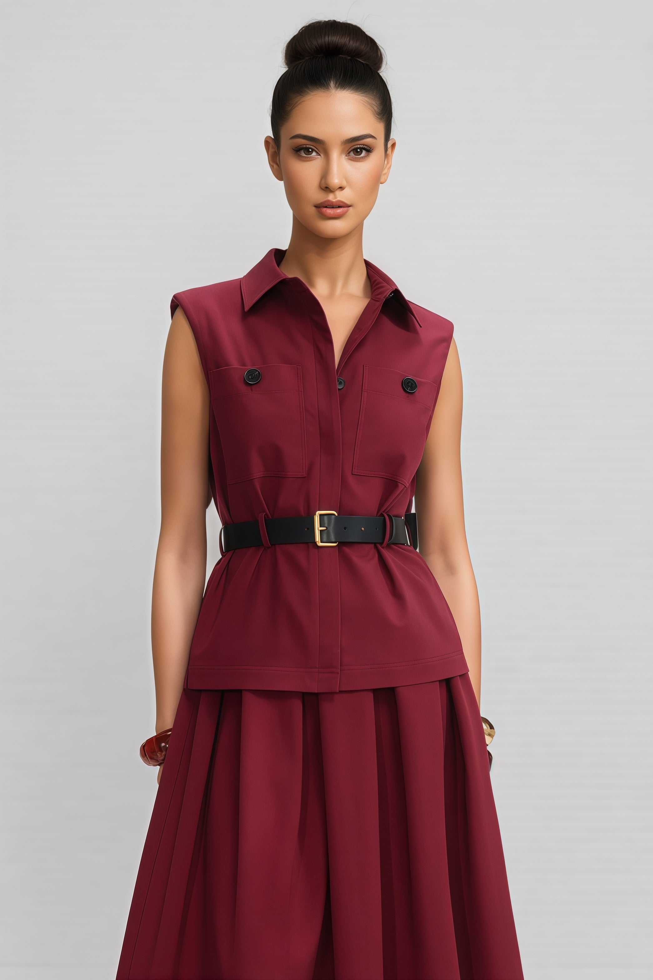 Raelith Red Twill Belted Midi Dress Set