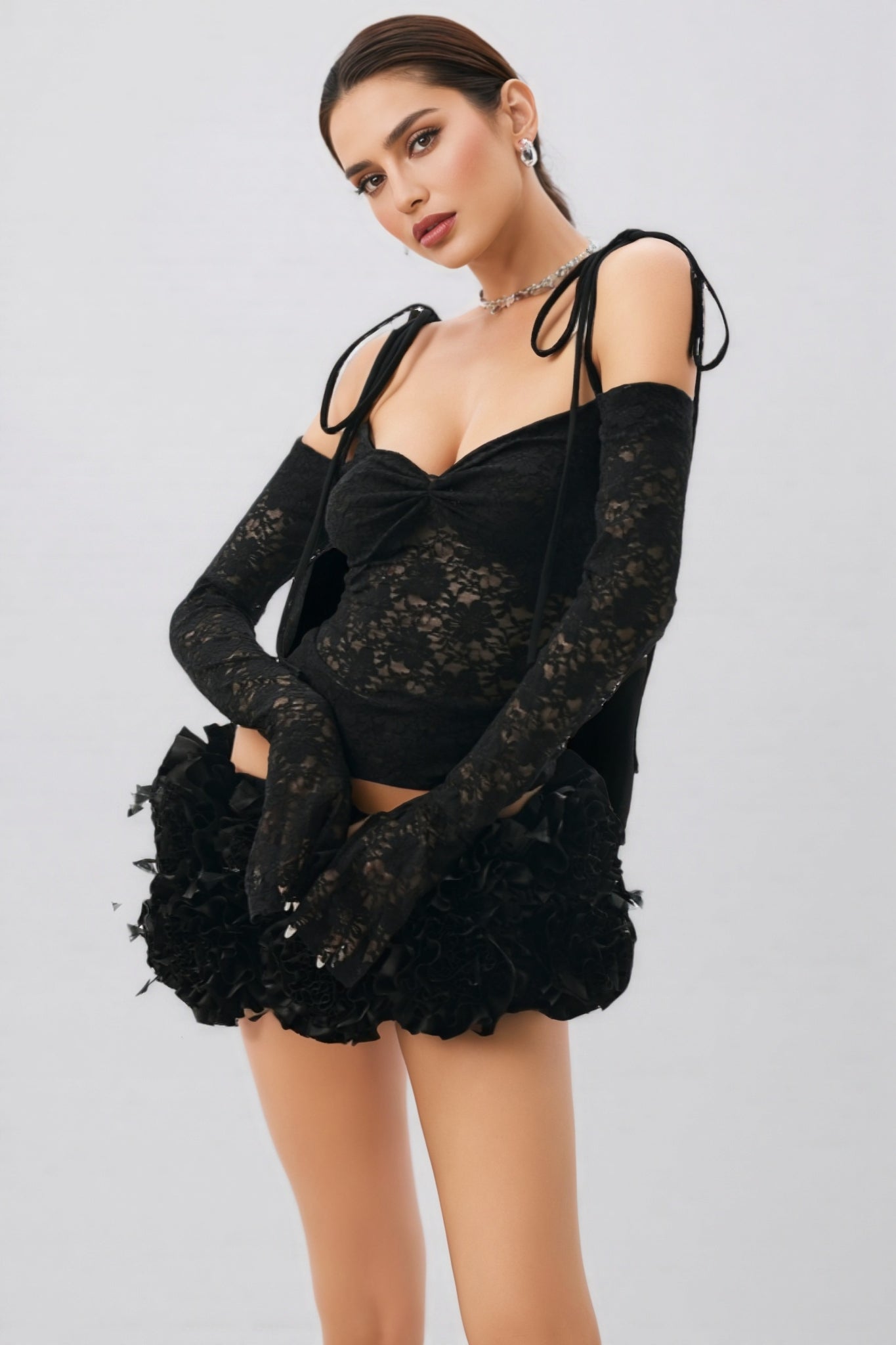 Leths Black Strapless 3D Flower Mini Dress Set