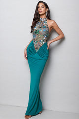 Jessas Green Neck Sequin Maxi Dress
