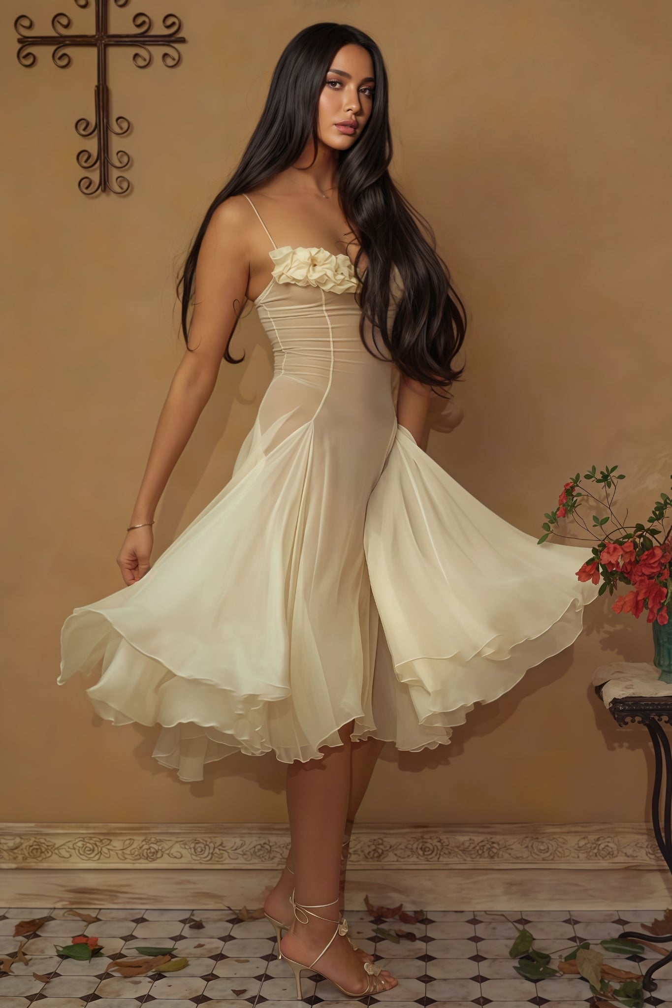 Thadt Yellow Strapless Mesh Midi Dress