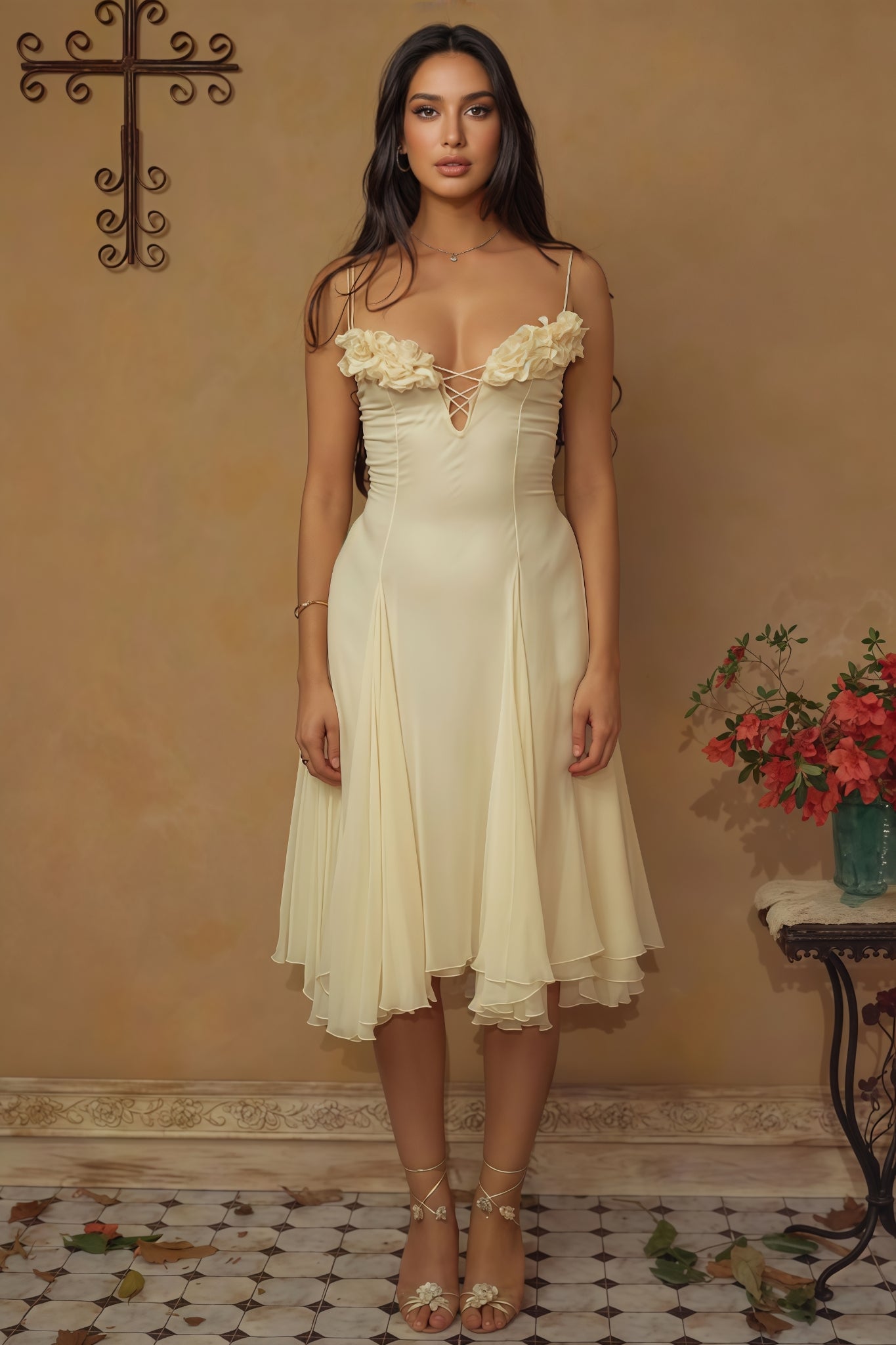 Thadt Yellow Strapless Mesh Midi Dress