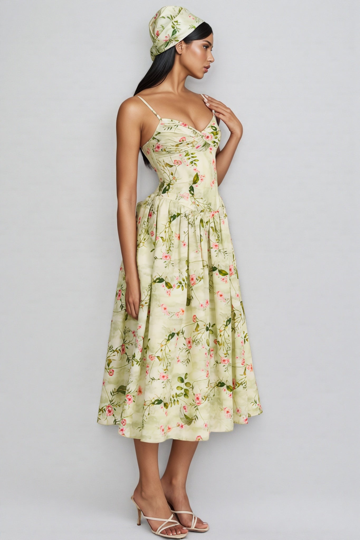 Raleign Green Floral Print Ruched Midi Dress