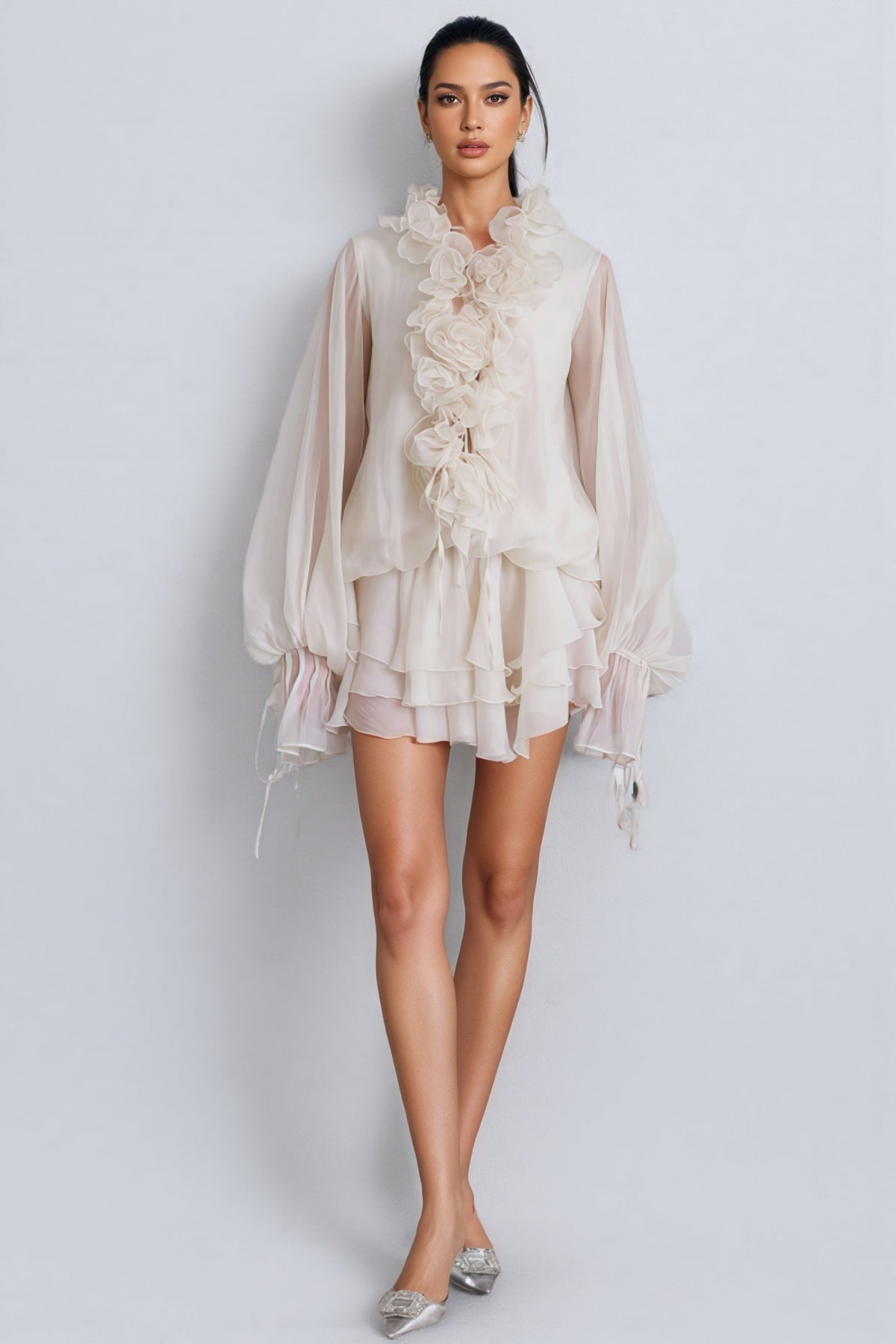 Elsonv 3D Floral Lantern Sleeve Mini Dress