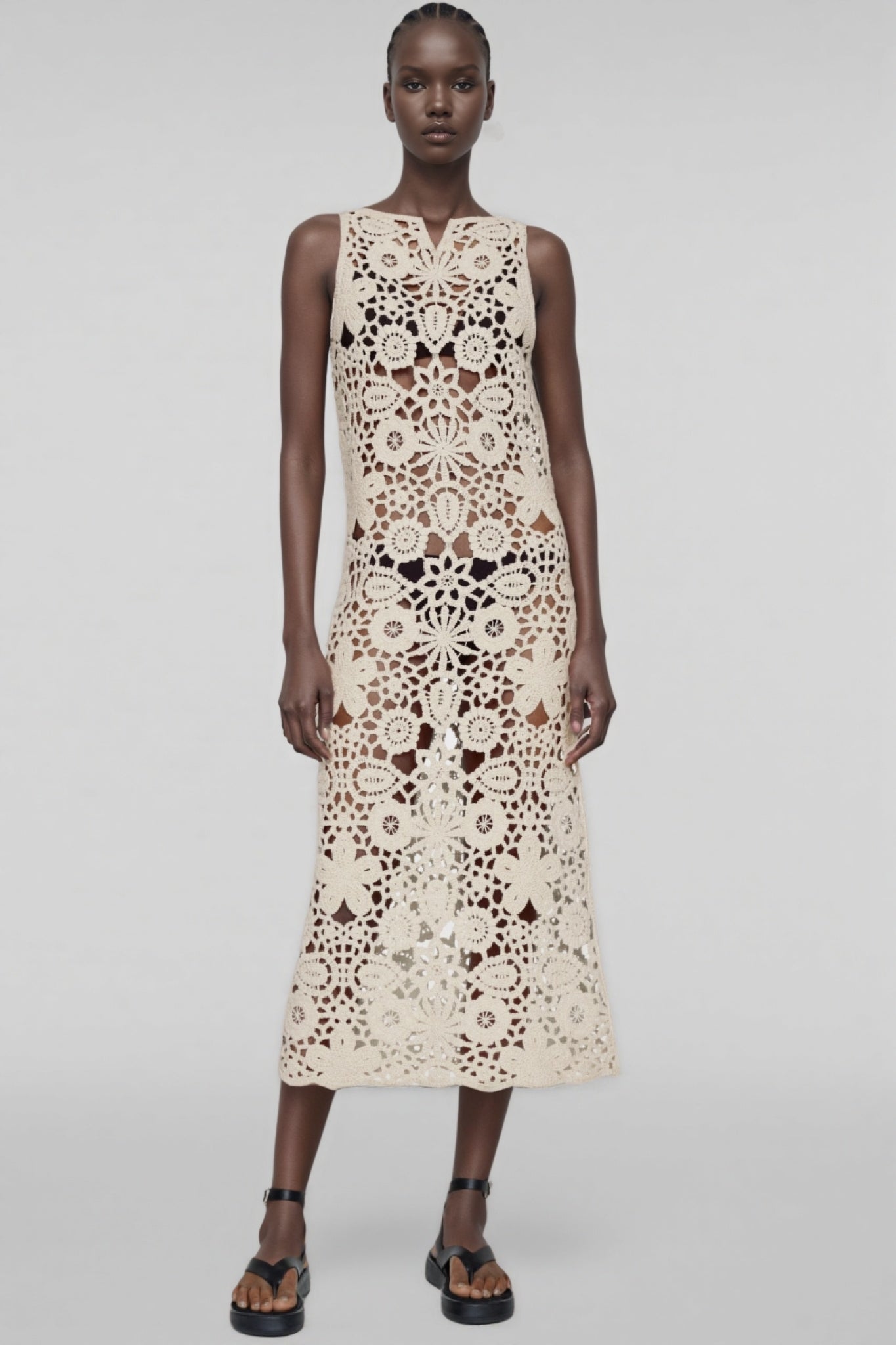 Sorenl Beige Openwork Midi Dress