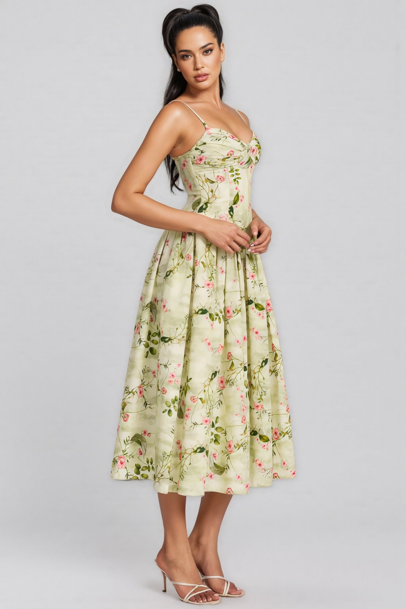 Raleign Green Floral Print Ruched Midi Dress