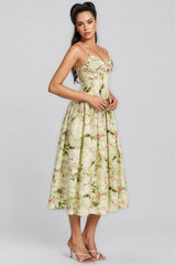 Raleign Green Floral Print Ruched Midi Dress