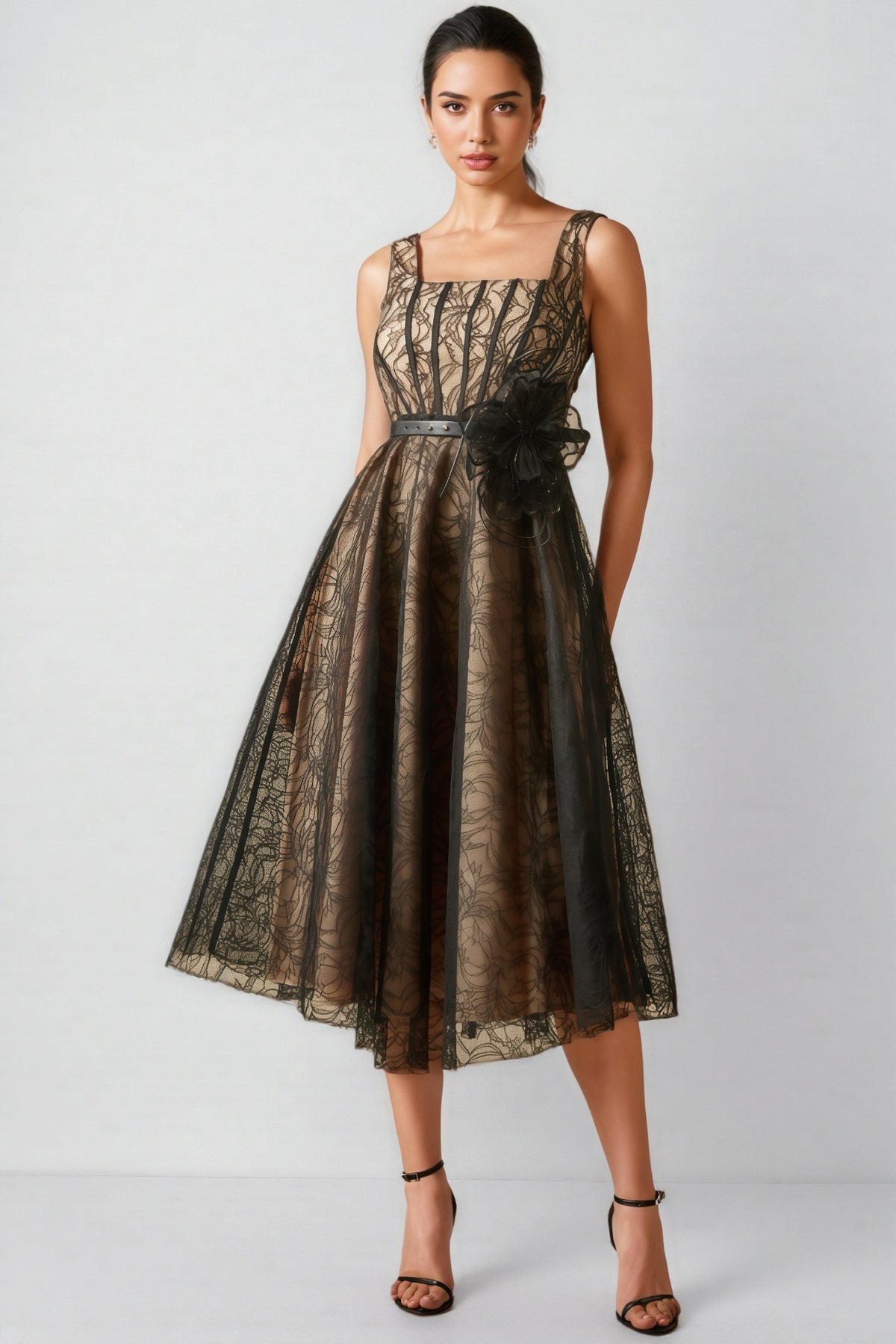 Eloise Floral Applique Lace Overlay Midi Dress
