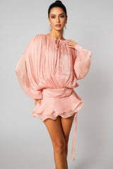 Niavia Pink Pleated Ruffle Hem Mini Dress
