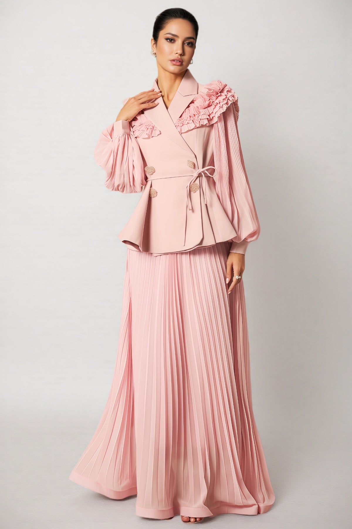 Sorel Double Breasted Pleated Maxi Dress Set